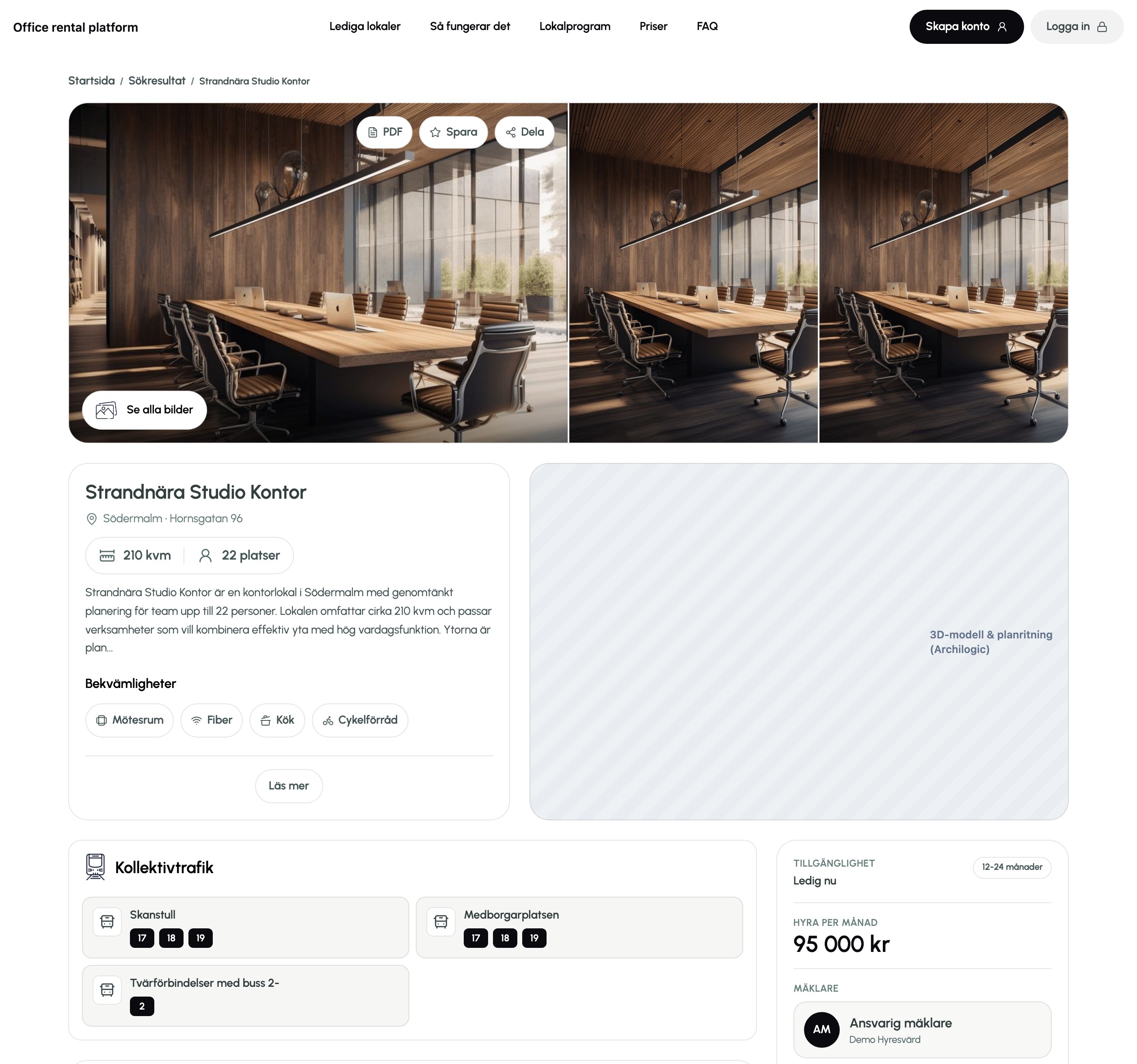 The object listing page: a three-image gallery with PDF, save and share actions; the title “Strandnära Studio Kontor” with size and capacity chips and amenities; the Archilogic 3D model panel; a public-transit block with lines and stations; and a sticky contact card showing 95,000 kr per month.